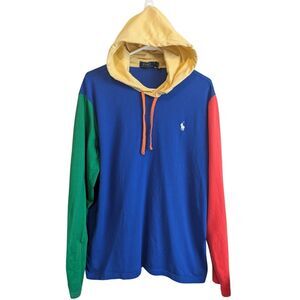 Polo Ralph Lauren Hoodie Shirt Men's Color Blocked Jersey Blue Yellow Authentic